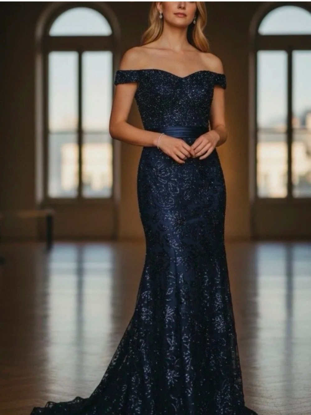 Jovani Navy Off-the-Shoulder Sequin Wedding Dress